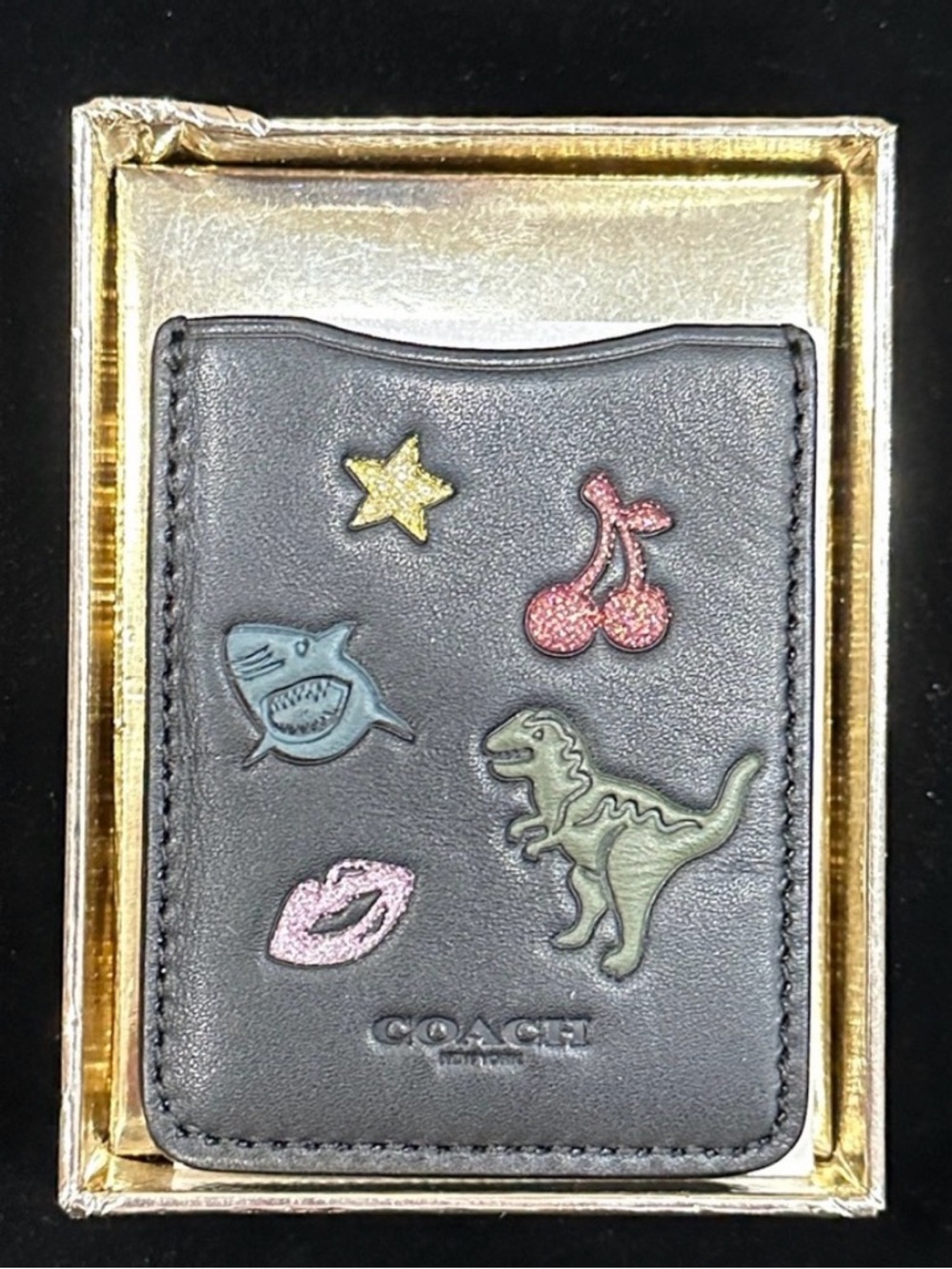 Coach Rexy Black Leather Card Case with Colorful Patch design *new - Picture 2 of 7